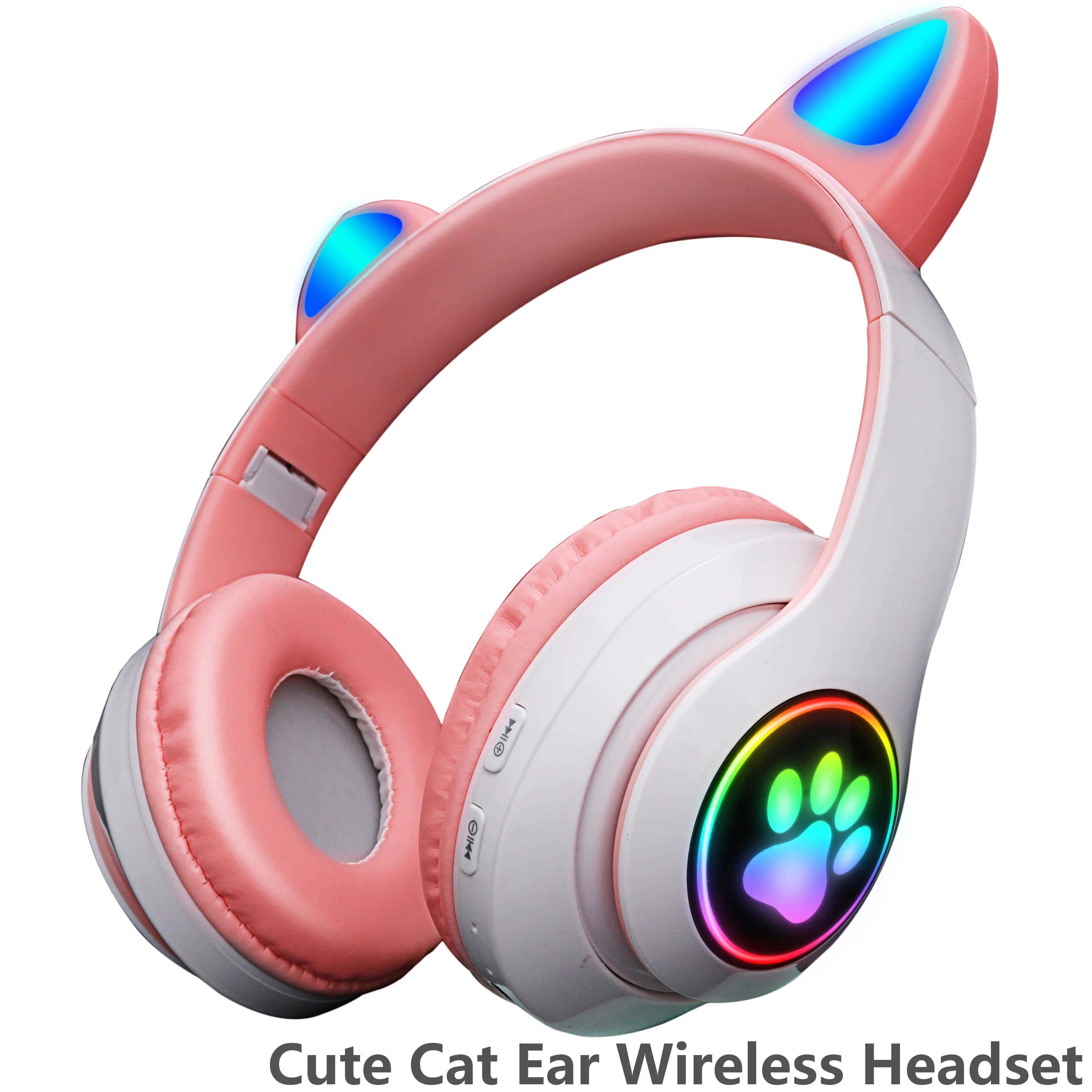 Pink Cat Ear Wireless Bluetooth Headphones 🎧 | Cute LED Light Headset with Microphone – Foldable Stereo Sound for Kids & Girls
