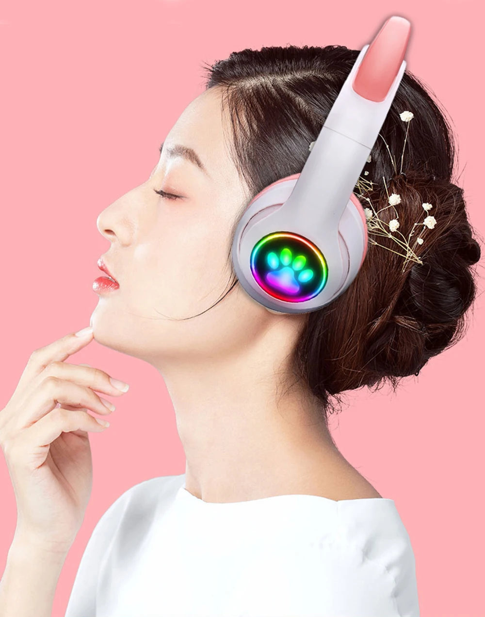 Pink Cat Ear Wireless Bluetooth Headphones 🎧 | Cute LED Light Headset with Microphone – Foldable Stereo Sound for Kids & Girls