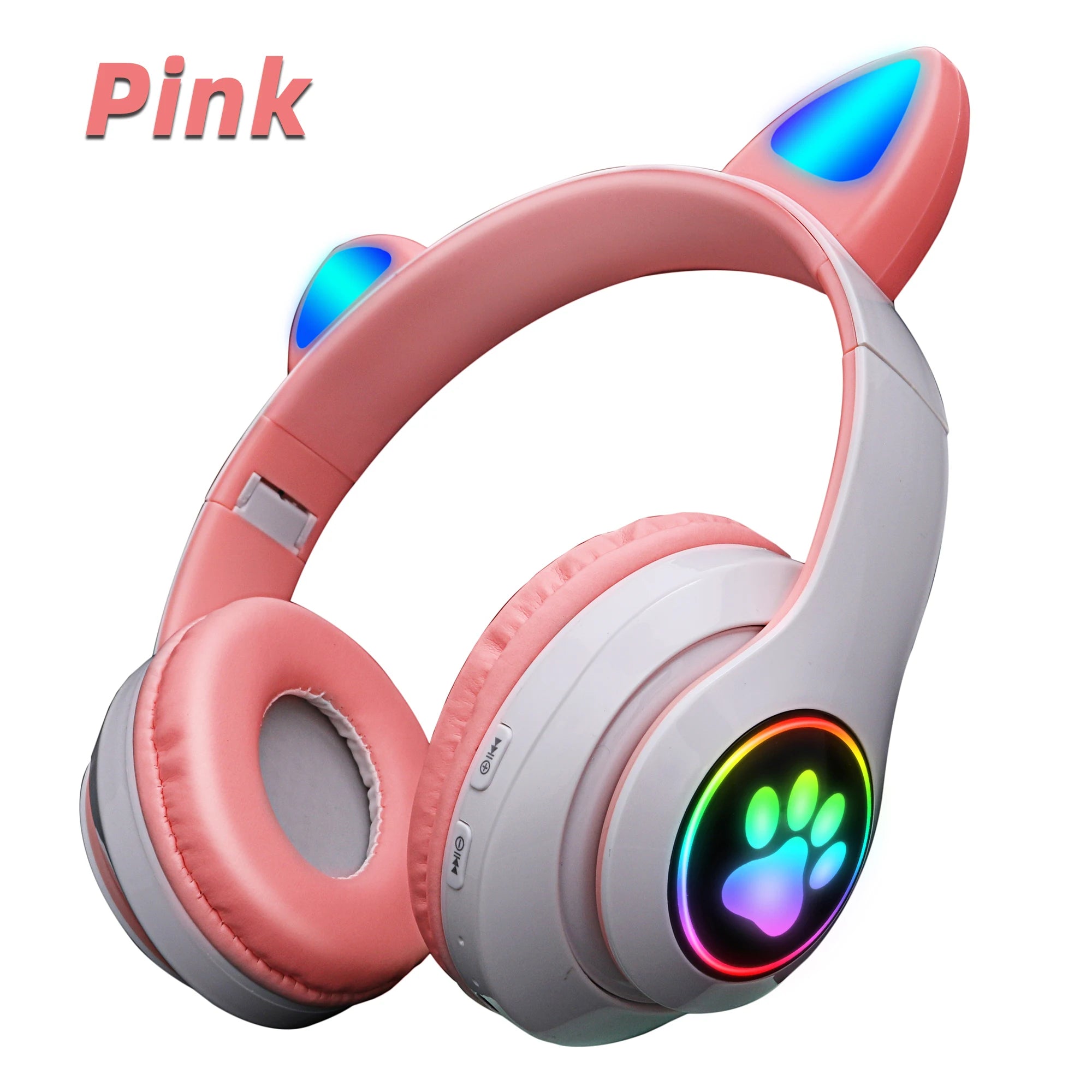 Pink Cat Ear Wireless Bluetooth Headphones 🎧 | Cute LED Light Headset with Microphone – Foldable Stereo Sound for Kids & Girls