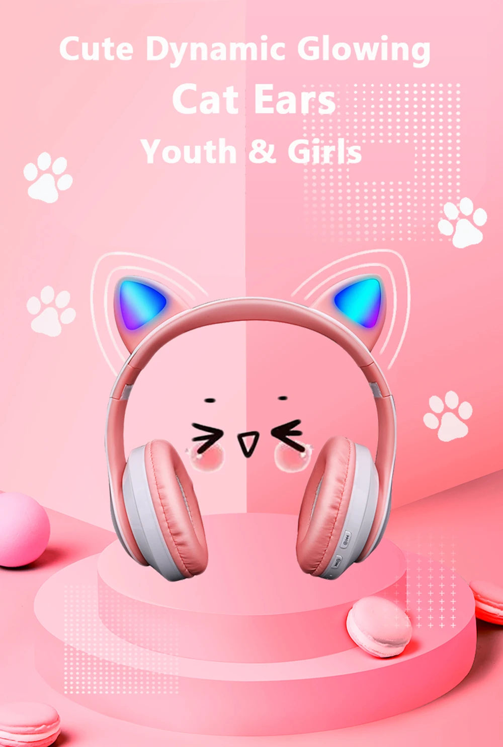 Pink Cat Ear Wireless Bluetooth Headphones 🎧 | Cute LED Light Headset with Microphone – Foldable Stereo Sound for Kids & Girls