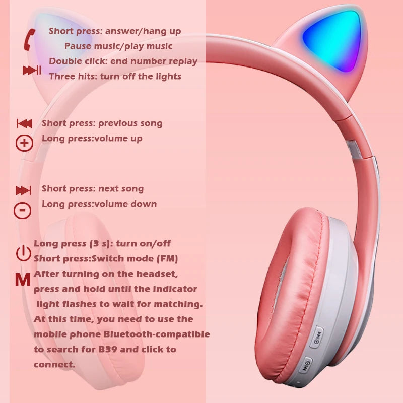 Pink Cat Ear Wireless Bluetooth Headphones 🎧 | Cute LED Light Headset with Microphone – Foldable Stereo Sound for Kids & Girls