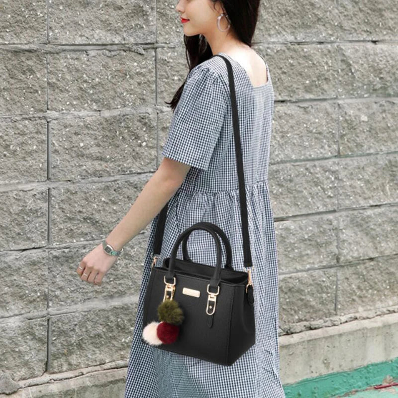 Women’s Beaded Pendant Handbag – Embossed Shoulder & Messenger Bag | Elegant Hairball Charm Purse, High-Quality Fashion Tote