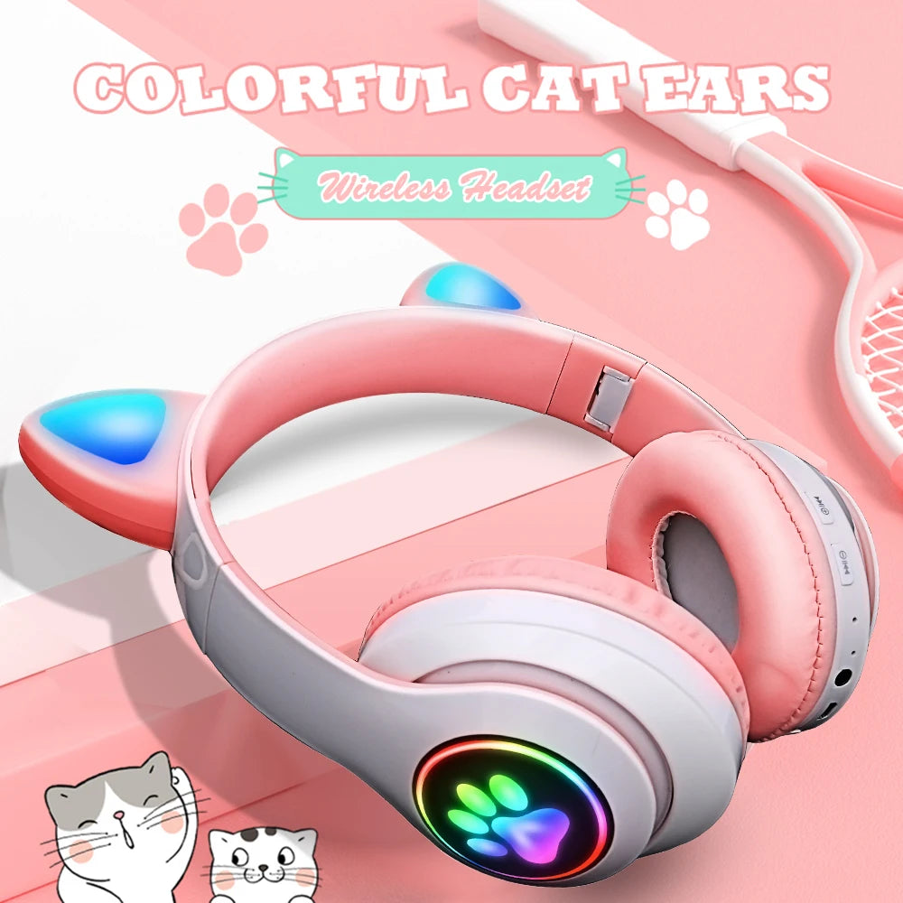 Pink Cat Ear Wireless Bluetooth Headphones 🎧 | Cute LED Light Headset with Microphone – Foldable Stereo Sound for Kids & Girls