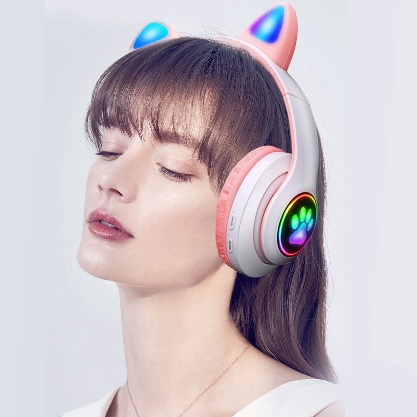 Pink Cat Ear Wireless Bluetooth Headphones 🎧 | Cute LED Light Headset with Microphone – Foldable Stereo Sound for Kids & Girls