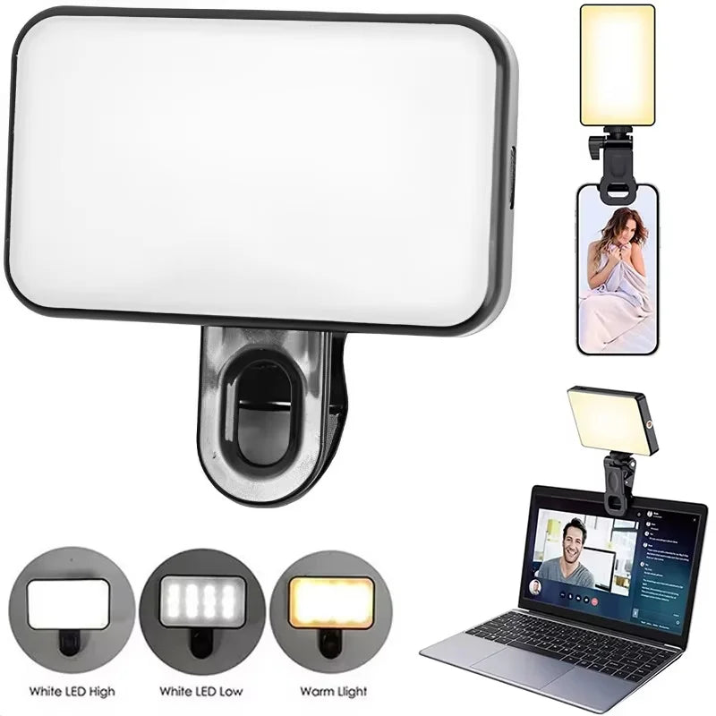 Portable Mini LED Selfie Light | 3 Modes Adjustable Brightness – Rechargeable Clip-On Fill Light for Phone & Laptop