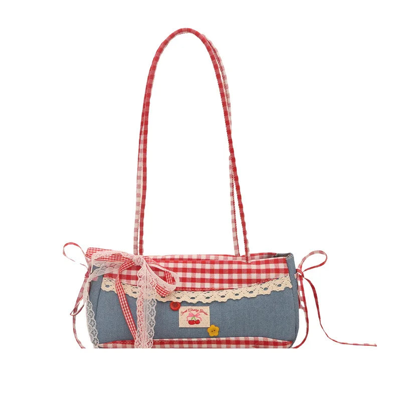 Plaid Denim Shoulder Bag with Lace Bow – Large Capacity Underarm Tote for Women | Cute Casual College Handbag