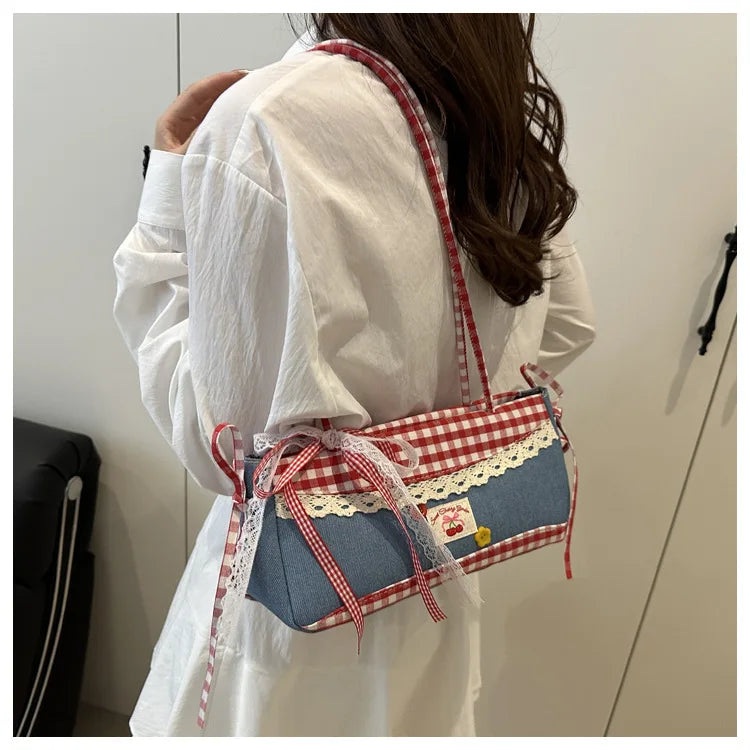 Plaid Denim Shoulder Bag with Lace Bow – Large Capacity Underarm Tote for Women | Cute Casual College Handbag