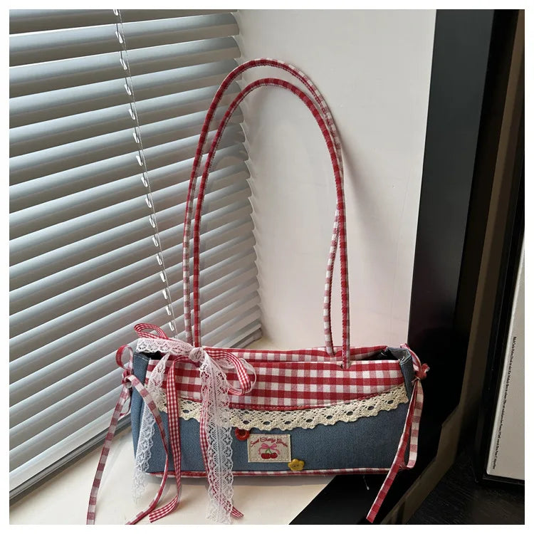 Plaid Denim Shoulder Bag with Lace Bow – Large Capacity Underarm Tote for Women | Cute Casual College Handbag