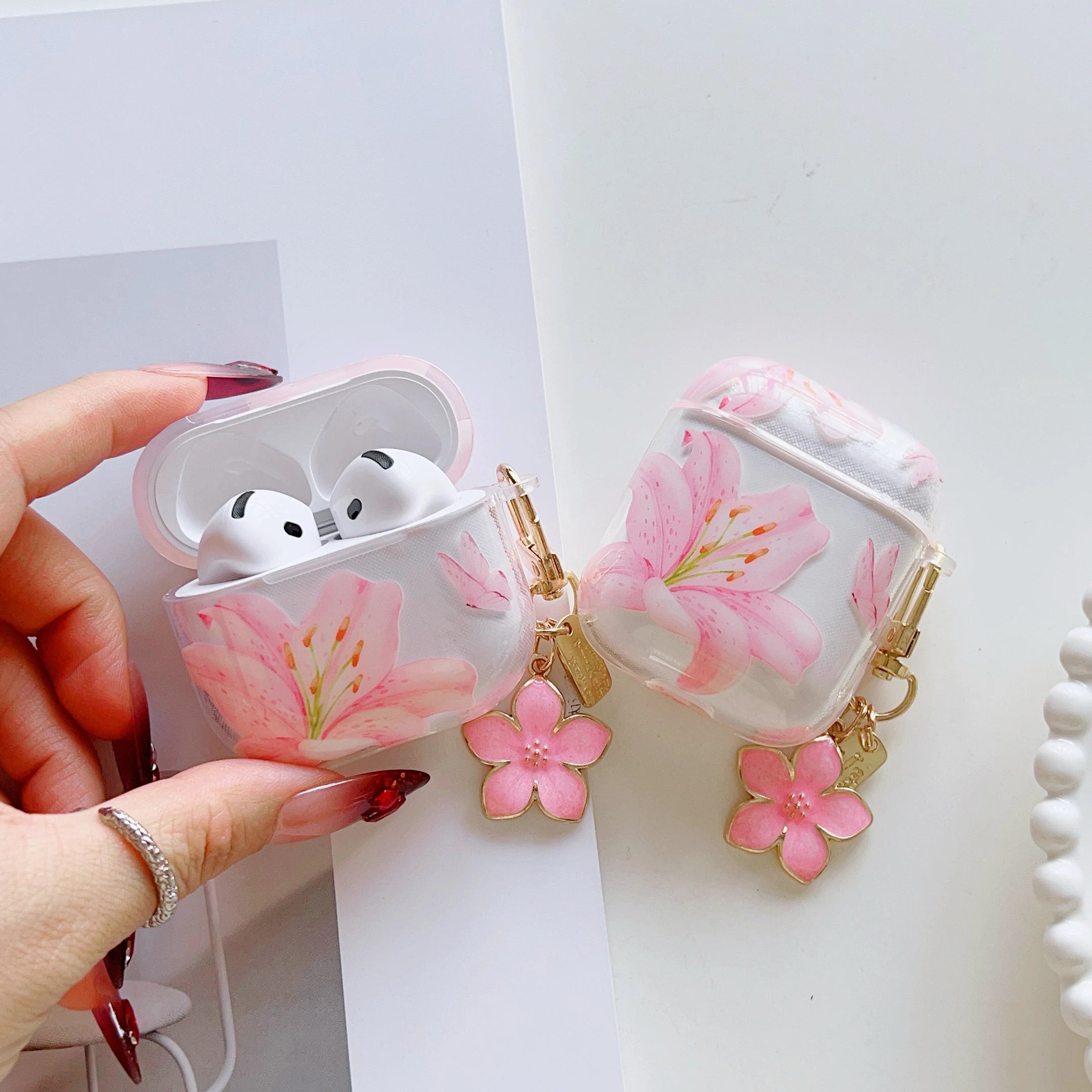 Pink Lily Flower AirPods Case – Cute Floral Soft Protective Cover for AirPods 1/2/3/4 & AirPods Pro 2 | Shockproof Silicone Case for Women & Girls