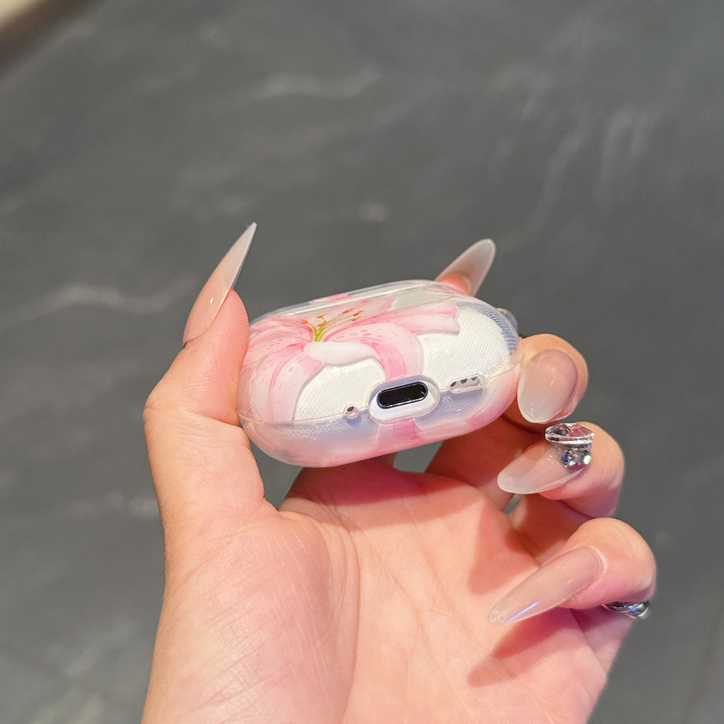 Pink Lily Flower AirPods Case – Cute Floral Soft Protective Cover for AirPods 1/2/3/4 & AirPods Pro 2 | Shockproof Silicone Case for Women & Girls