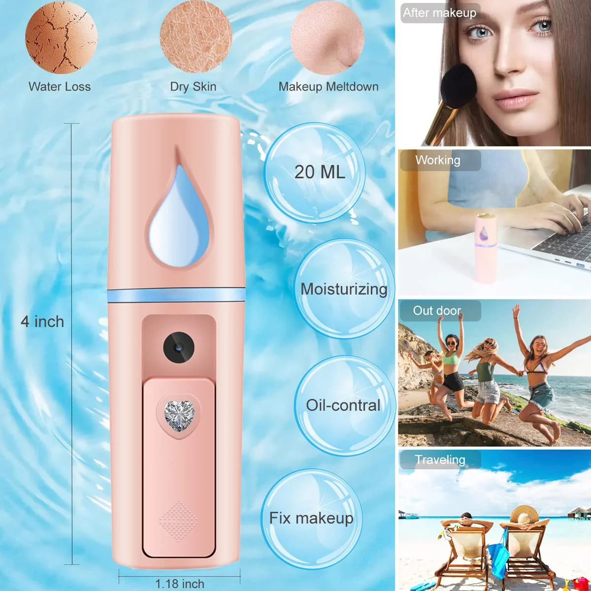 Nano Facial Mister Portable Spray | Hydrating Mini Mist Sprayer with Mirror – Refresh & Moisturize Skin Anytime