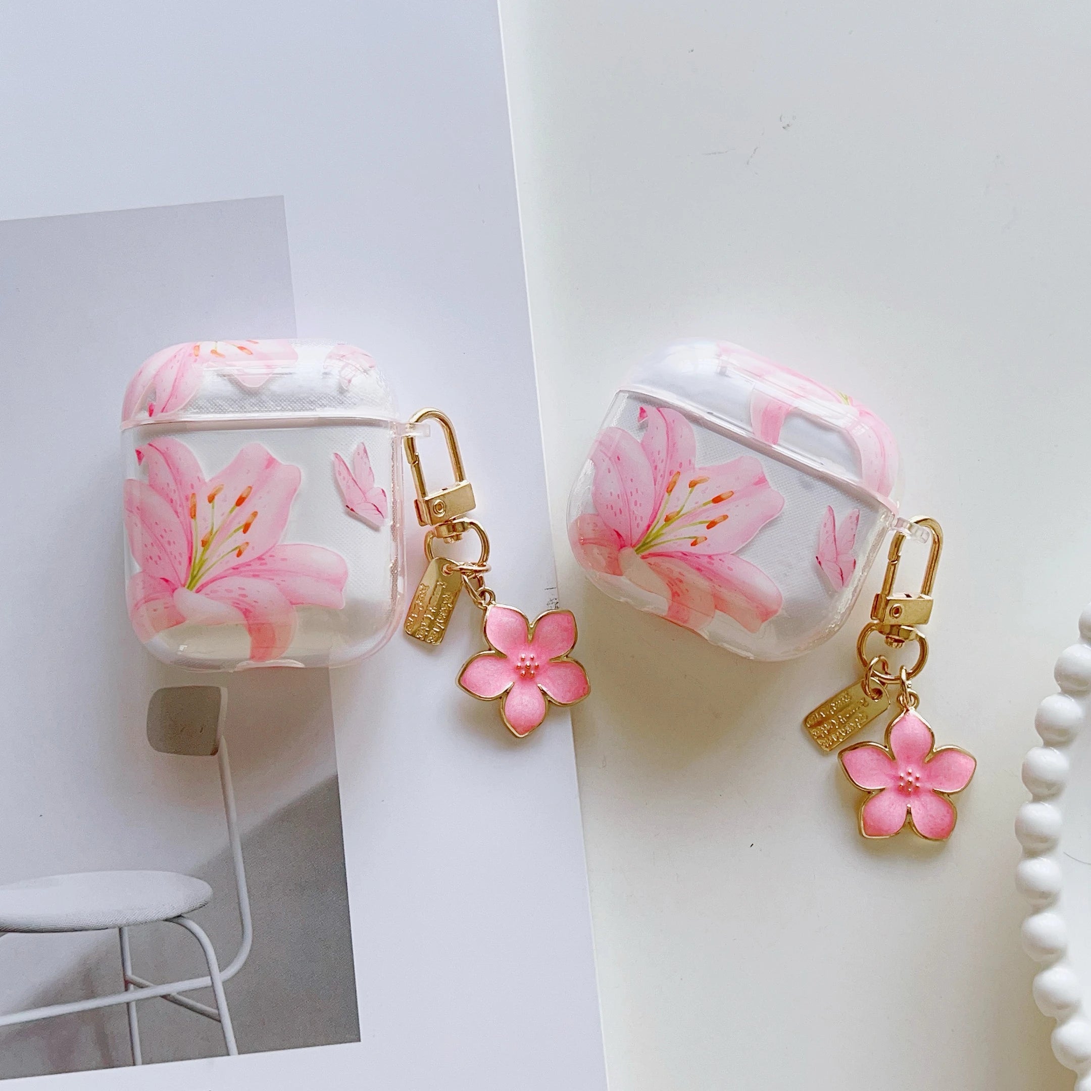 Pink Lily Flower AirPods Case – Cute Floral Soft Protective Cover for AirPods 1/2/3/4 & AirPods Pro 2 | Shockproof Silicone Case for Women & Girls