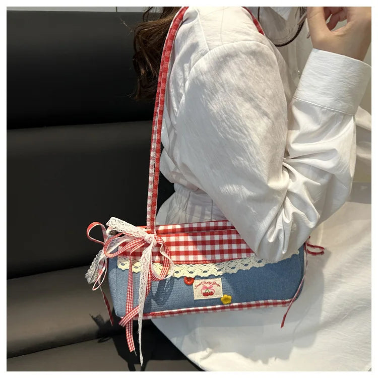 Plaid Denim Shoulder Bag with Lace Bow – Large Capacity Underarm Tote for Women | Cute Casual College Handbag