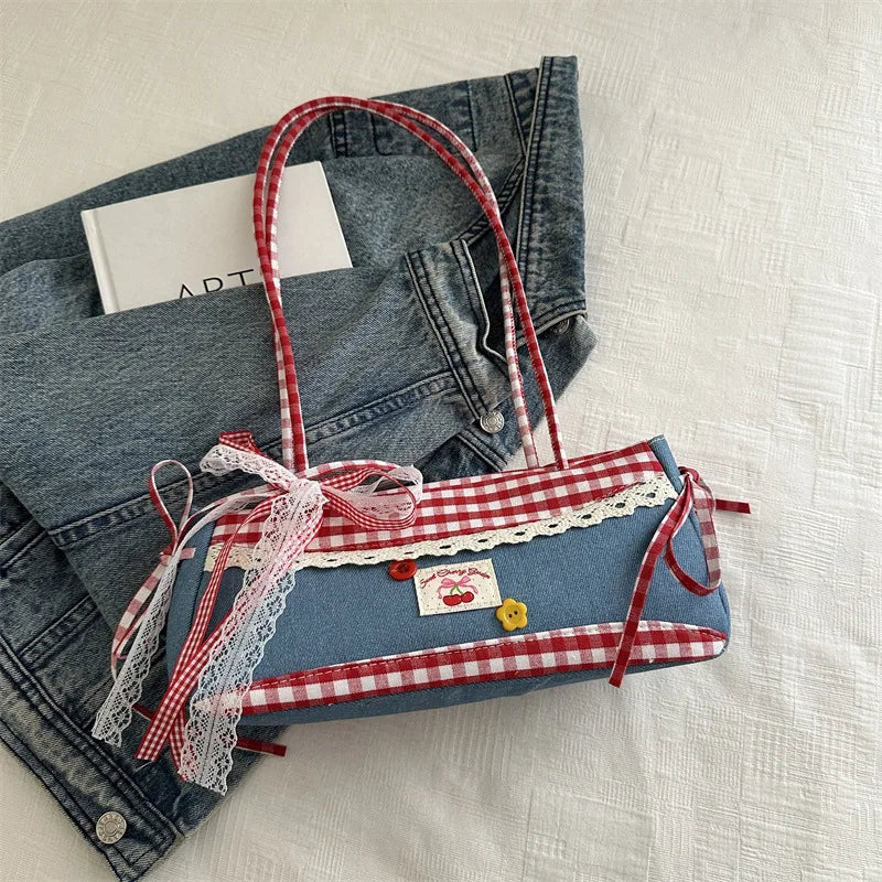 Plaid Denim Shoulder Bag with Lace Bow – Large Capacity Underarm Tote for Women | Cute Casual College Handbag