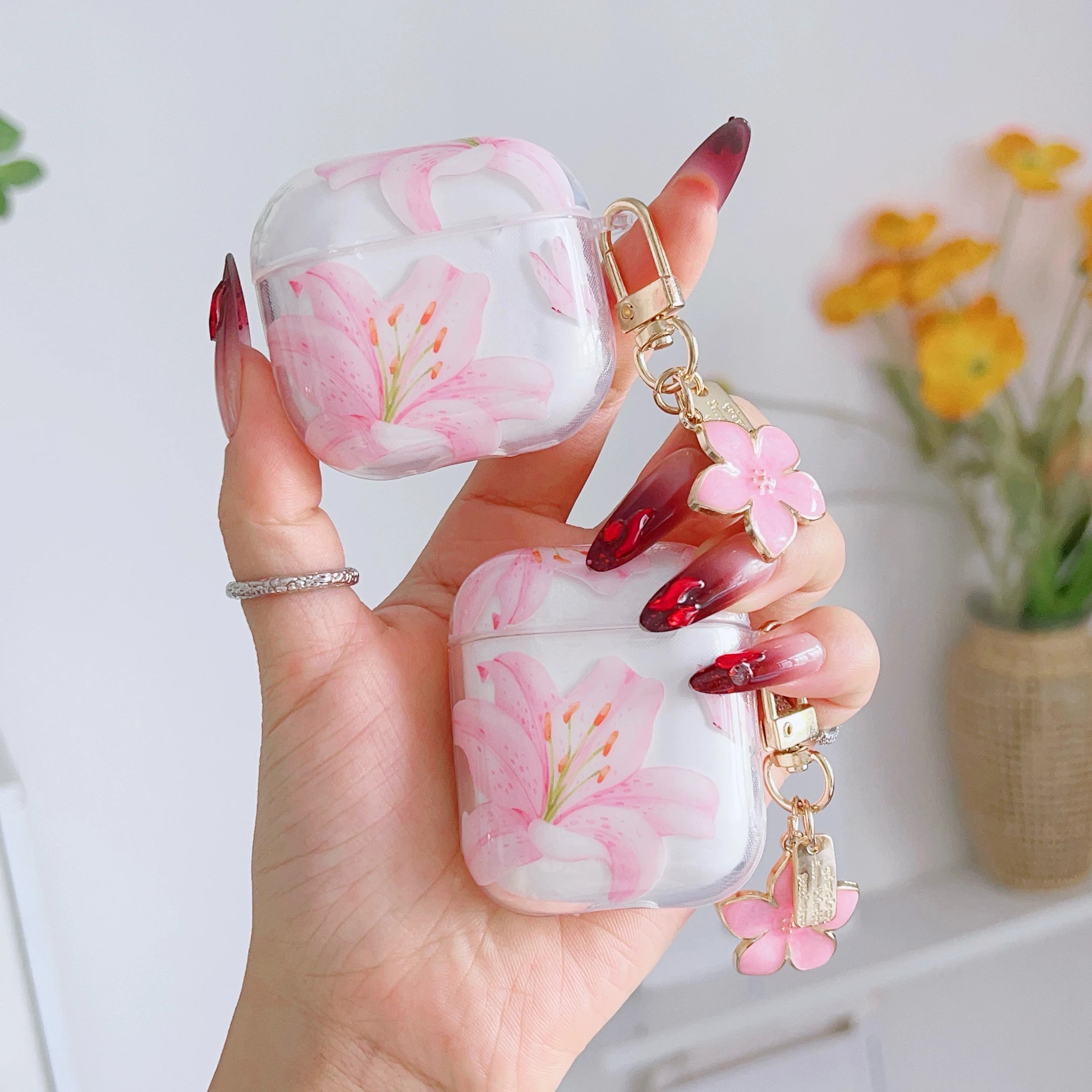 Pink Lily Flower AirPods Case – Cute Floral Soft Protective Cover for AirPods 1/2/3/4 & AirPods Pro 2 | Shockproof Silicone Case for Women & Girls